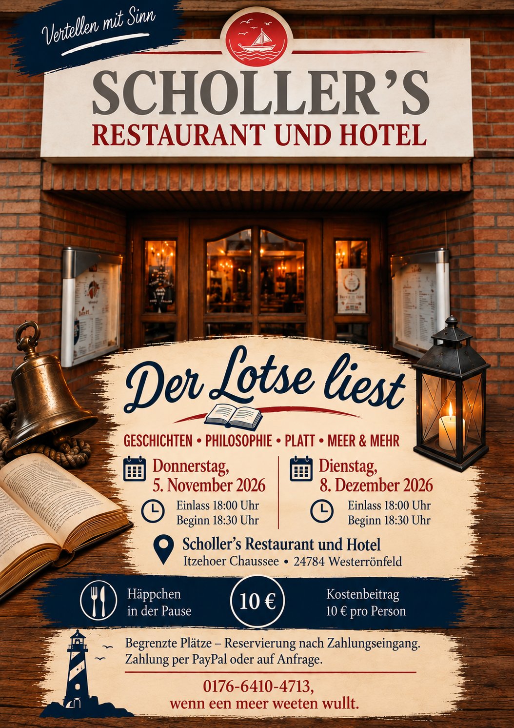 Plakat: Der Lotse liest – Do 5. November und Di 8. Dezember 2026 bei Scholler's Restaurant und Hotel, Westerrönfeld