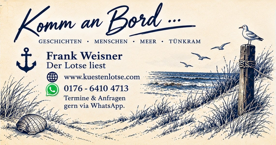 Postkarte: Komm an Bord … – Frank Weisner, Der Lotse liest. Dünen, Meer und eine Möwe auf einem Pfahl.